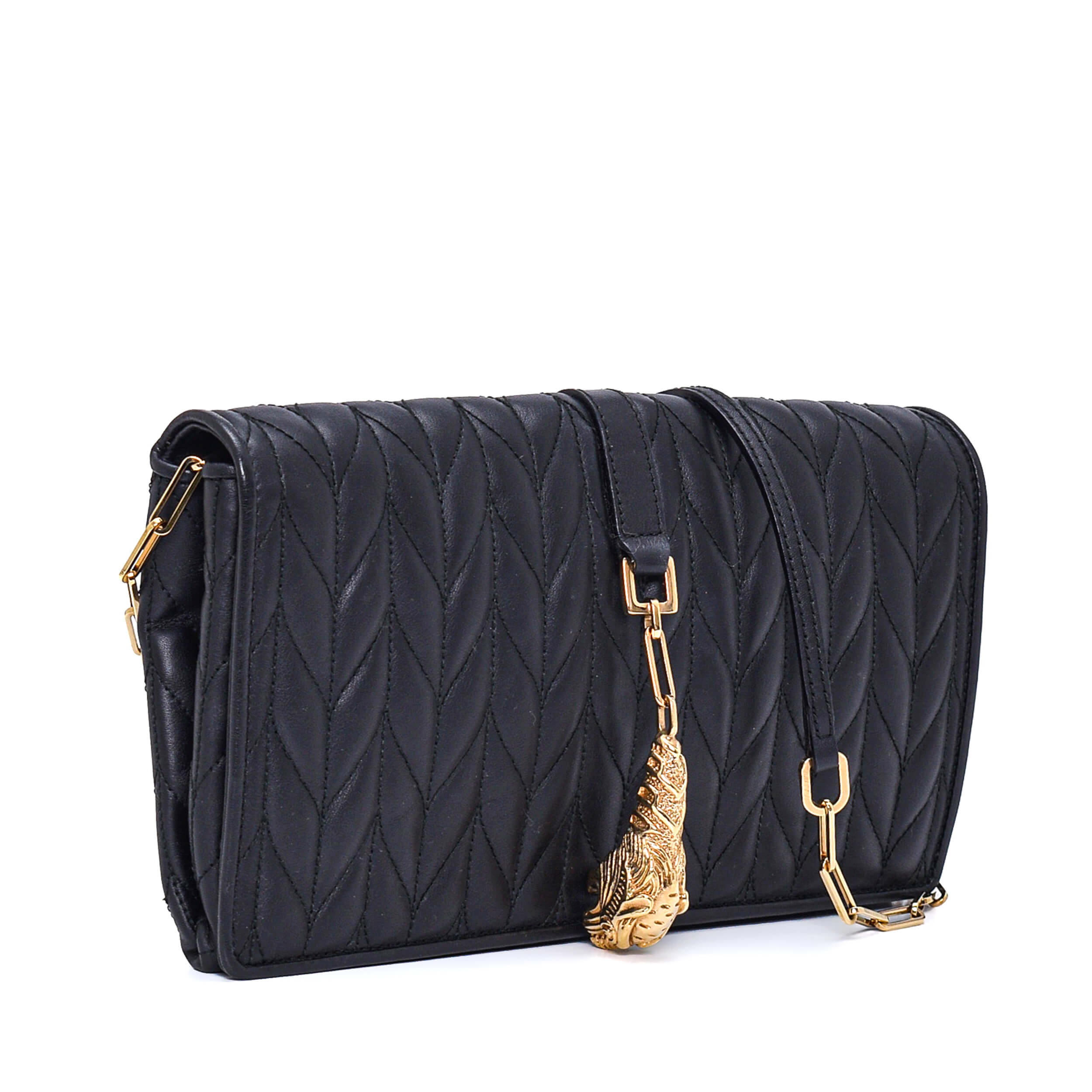 Gucci -  Black Leather Tiger Buckle Detail Chain Bag